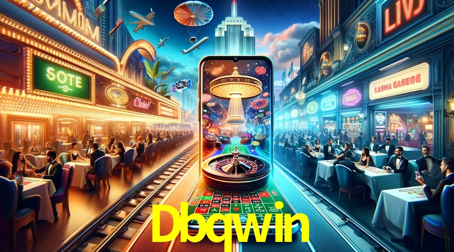 Una escena digital vívida inspirada en casino con Dbqwin mostrado prominentemente, luces brillantes, fichas, cartas y acentos dorados.