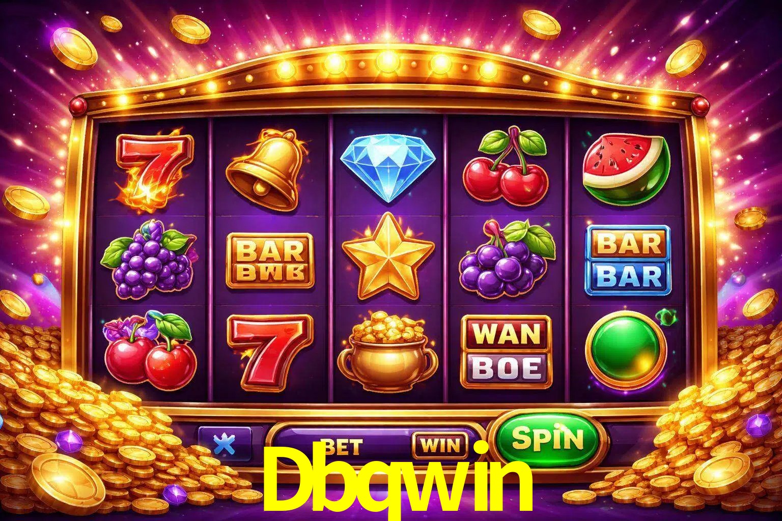 Una interfaz colorida de tragamonedas en línea con símbolos brillantes, monedas y un efecto de victoria celebratoria en Dbqwin.