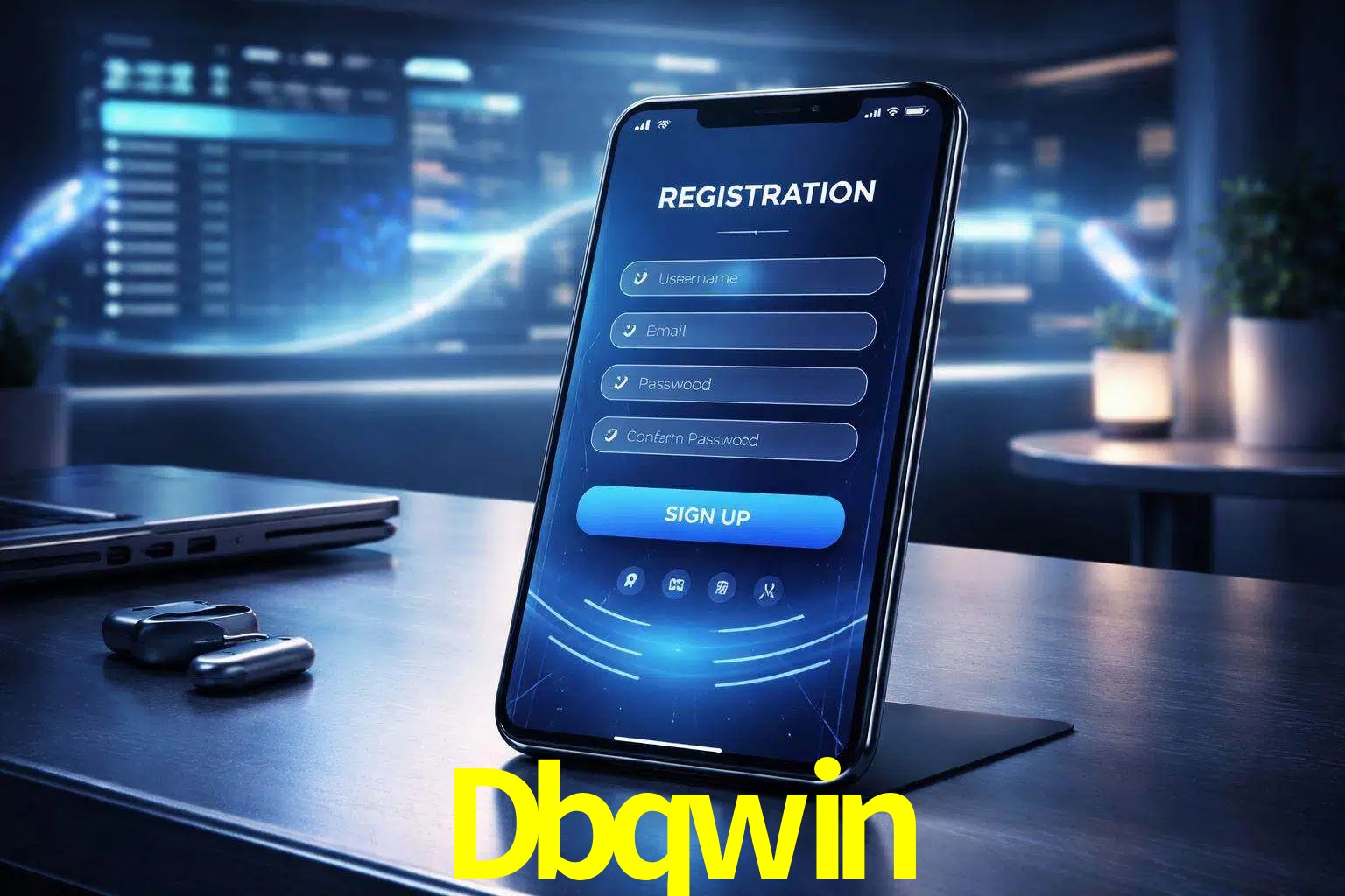 Una interfaz moderna de registro móvil para Dbqwin mostrada en un smartphone con un panel de apuestas elegante.
